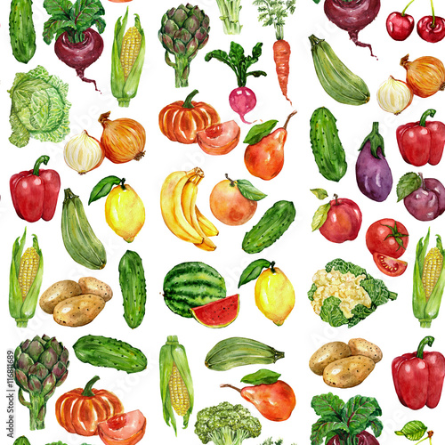 Watercolor set with fruits and vegetables