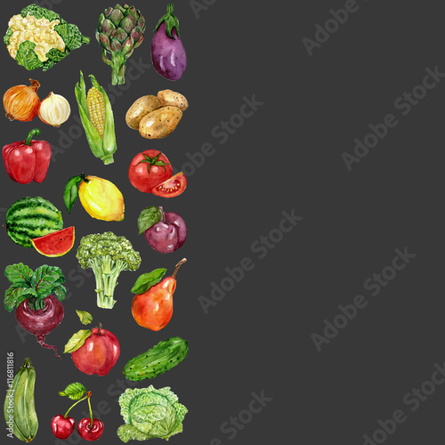 Fototapeta Naklejka Na Ścianę i Meble -  Watercolor set with fruits and vegetables