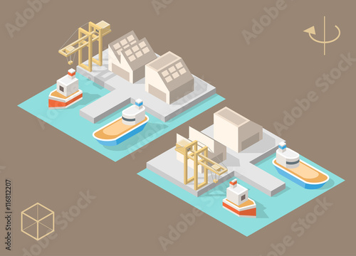 Set of Isolated Isometric Minimal City Elements. Harbor with Shadows.