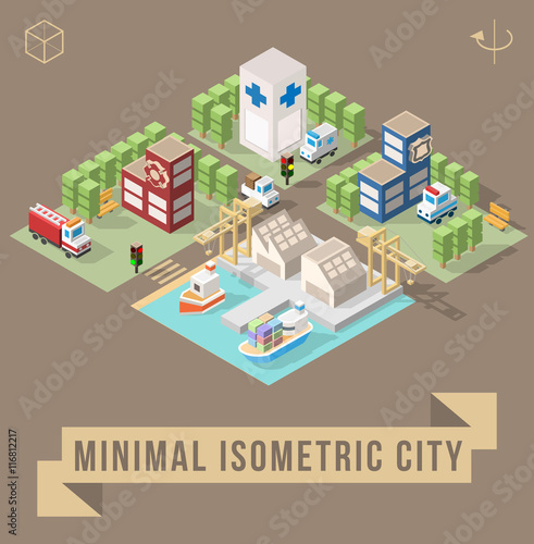 Set of Isolated Isometric Minimal City Elements. Town with Shadows.