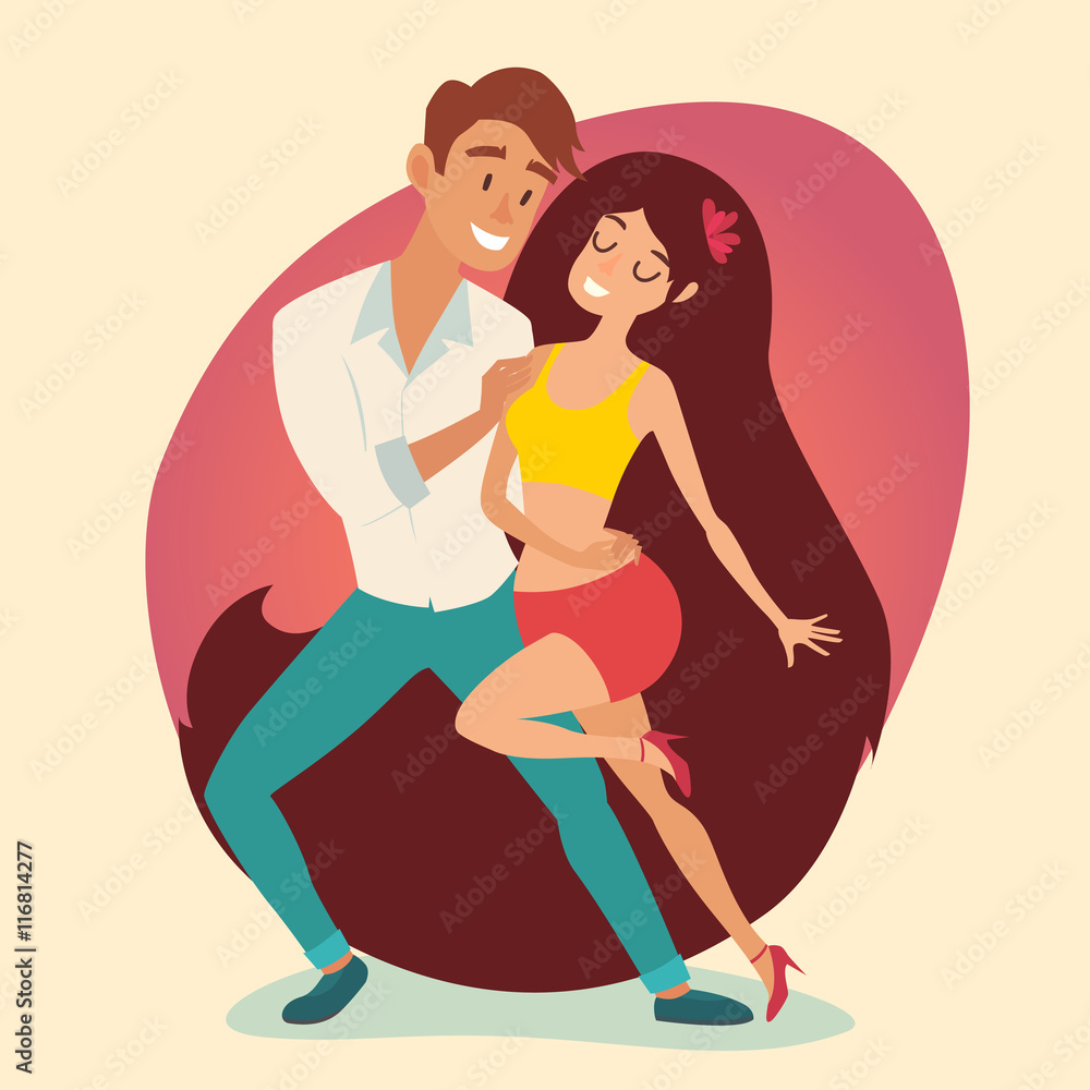 Salsa party, latino dancer vector illustration. Cuban couple of happy woman and man. Samba, bachata or zouk dance. Social salseros: flat style, isolated Salsa party, latino dancer vector illustration. Cuban couple of happy woman and man. Samba, bachata or zouk dance. Social salseros: flat style, isolated