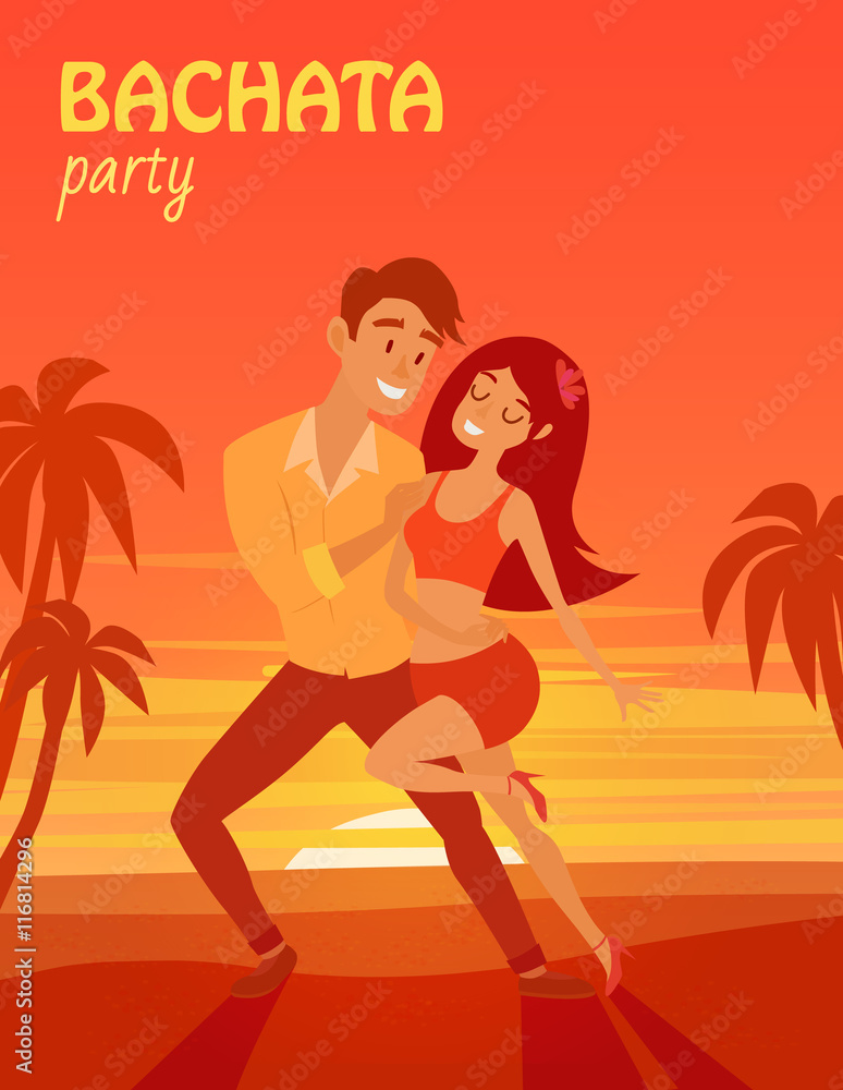 Latino party affiche. Bachata dancer on beach vector illustration. Cuban couple of happy woman and man. Poster for festival dates. Social salseros flat style
