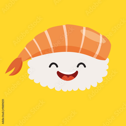 Fun sashimi vector cartoon character. Cute sashimi's faces with shrimp, japanese food. Happy sushi characters, vector illustration isolated on white background