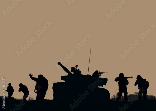 Illustration, the soldiers going to attack and helicopters.