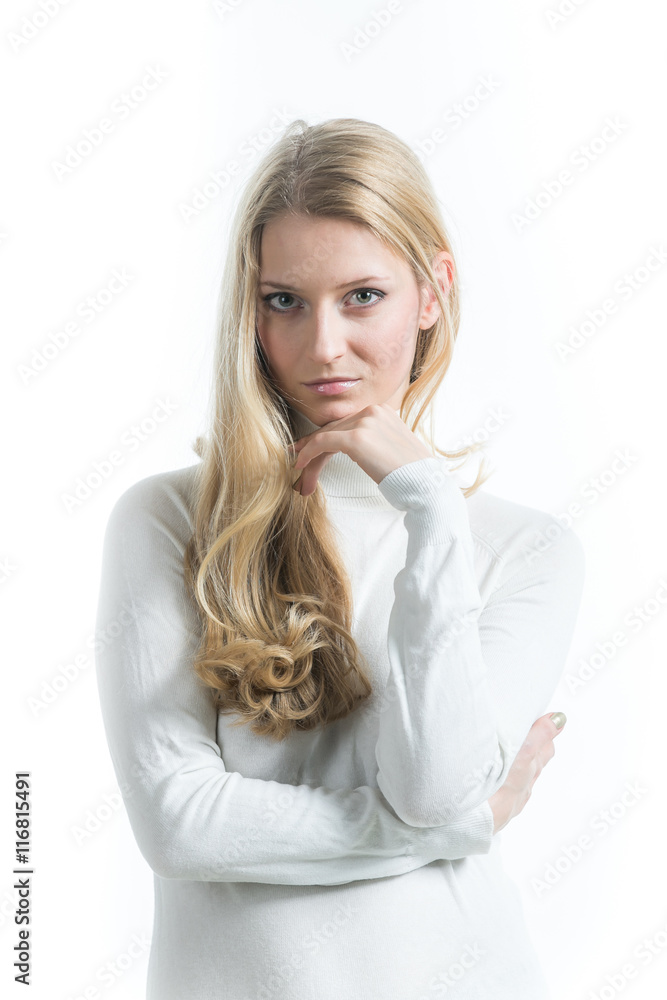 blonde girl on a white background in a turtleneck blonde girl on a white background in a turtleneck