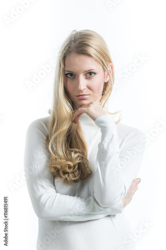 blonde girl on a white background in a turtleneck