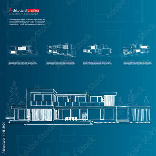 Wireframe blueprint drawing of 3D building, house. Vector architectural template background.