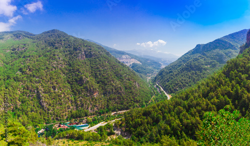 Mountain panoramic landscape of valley Dimcay, near of Alanya, Antalya district, Turkey, Asia. View near famous cave Dim Magarasi Summer bright day photo