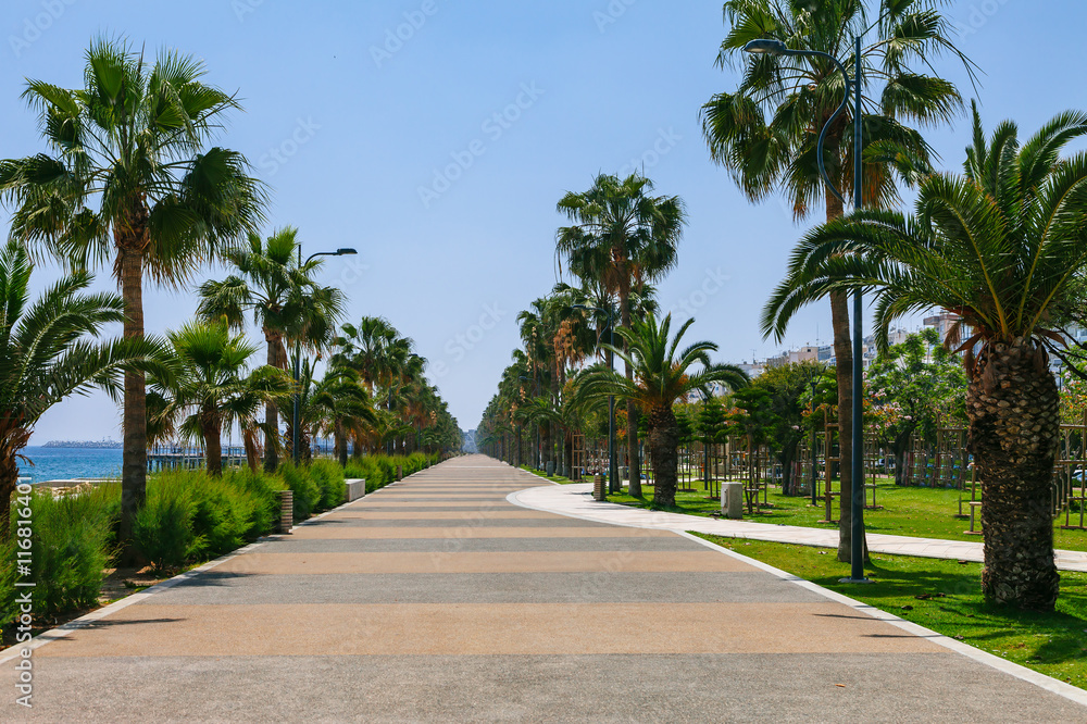 Fototapeta premium Coastline and promenade in Limassol, island Cyprus, Europe, Mediterranean Sea. Bright sunny day and blue water and sky.