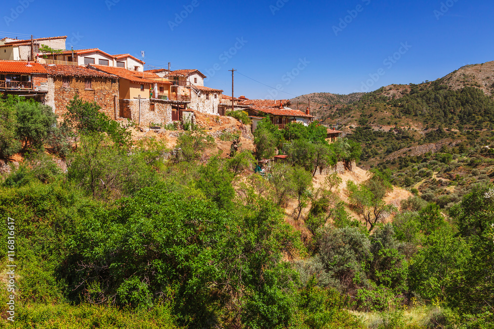 Panoramic view near of Kato Lefkara - is the most famous village in the Troodos Mountains. Limassol district, Cyprus, Mediterranean Sea. Mountain landscape and sunny day.