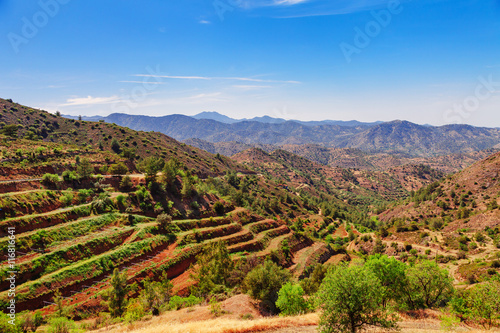 Panoramic view near of Kato Lefkara - is the most famous village in the Troodos Mountains. Limassol district, Cyprus, Mediterranean Sea. Mountain landscape and sunny day. photo