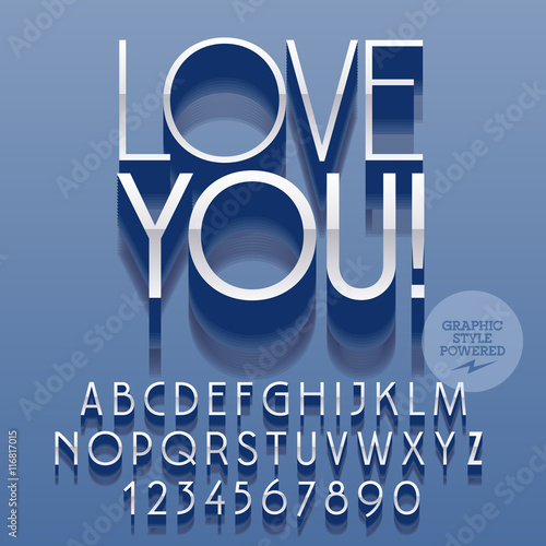 Set of slim reflective alphabet letters, numbers and punctuation symbols. Vector platinum greeting card with text Love you! File contains graphic styles