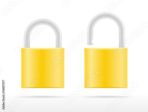 Golden padlocks unlocked and locked vector illustration isolated on white