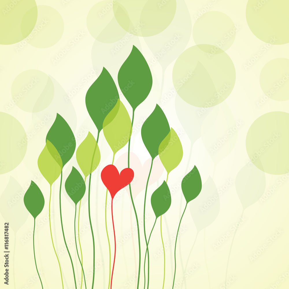     Greeting Card with Leaves and a Red Heart 