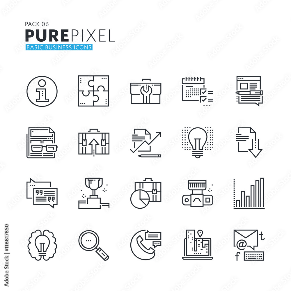 Set of modern thin line pixel perfect basic business icons. Premium quality icon collection for web design, mobile app, graphic design.