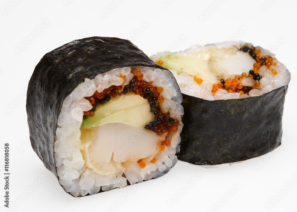 Delicious sushi isolated on white background. Delicious sushi isolated on white background.