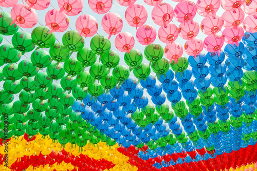Colorful paper lanterns viewed from below at the Bongeunsa Temple in Seoul, South Korea, celebrating Buddha's birthday.
