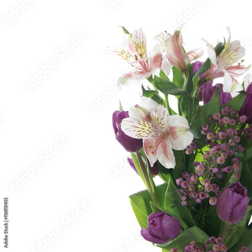 Spring Flower Bouquet of Lilies and Tulips on White Background