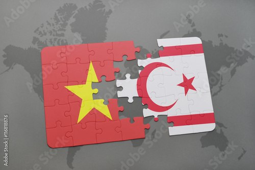 puzzle with the national flag of vietnam and northern cyprus on a world map background.