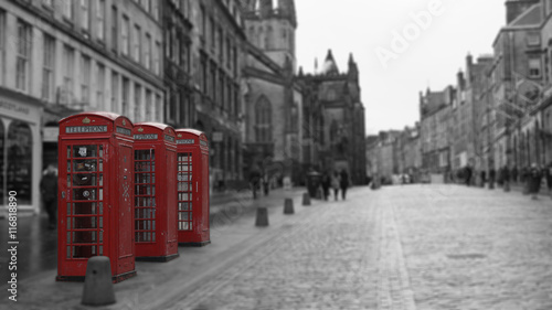 Three British Phone Booths on Royal Mile street in Edinburgh, Scotland