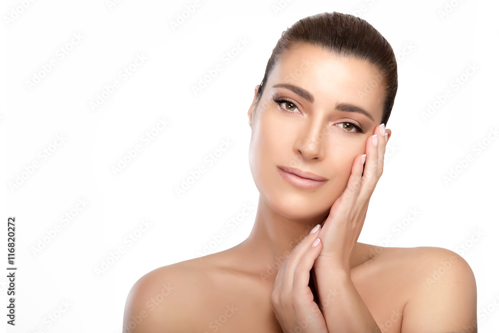 Beautiful serene woman with bare shoulders Beautiful serene woman with bare shoulders