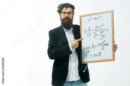 Canvas Print bearded man with einstein formula and newtons law