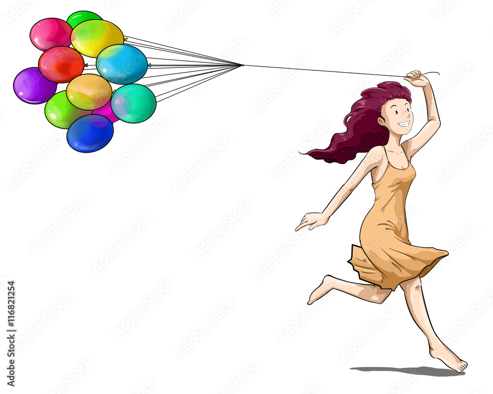 Mujer en vestido corriendo feliz con globos de colores Stock Illustration |  Adobe Stock