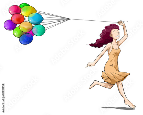 Mujer en vestido corriendo feliz con globos de colores photo