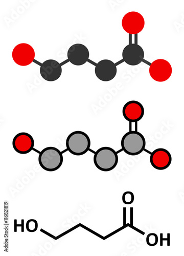 Gamma-hydroxybutyric acid (GHB, oxybate, liquid ecstasy) molecule.