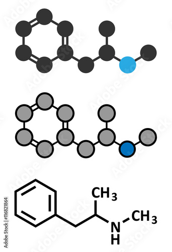 Methamphetamine (crystal meth, methamfetamine) stimulant drug molecule
