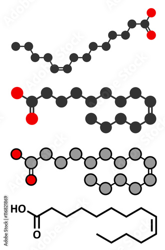 Myristoleic acid (omega-5) fatty acid molecule.