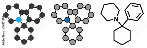 Phencyclidine (PCP, angel dust) hallucinogenic drug molecule. 