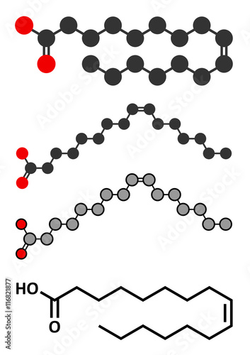 Palmitoleic acid (omega-7) fatty acid molecule.