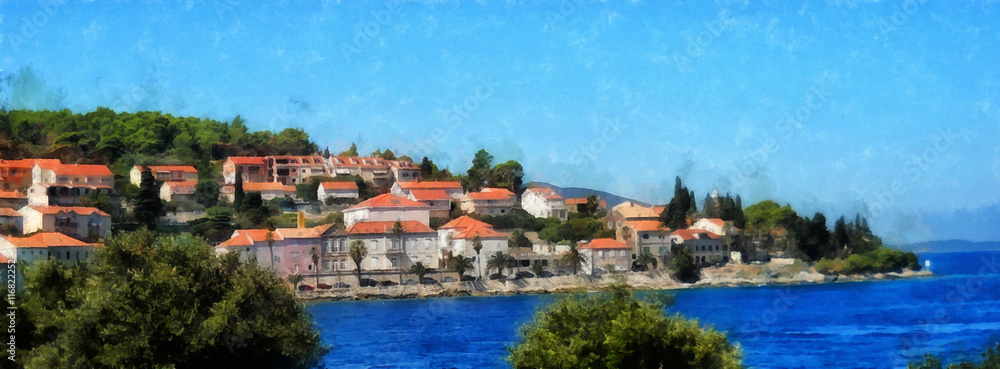 Obraz premium Panoramic viewRed tiled roofs of coastal houses at the beautiful