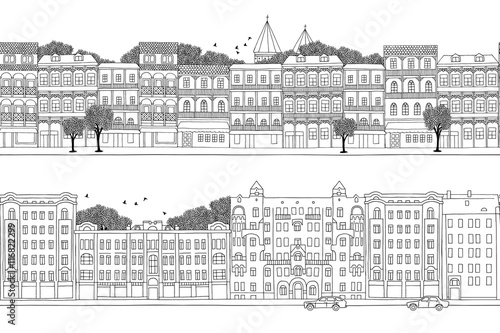 Two hand drawn seamless city banners - Russian and Georgian style houses