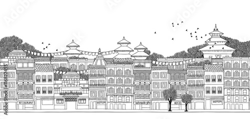 Kathmandu, Nepal - seamless banner of Kathmandu's skyline, hand drawn black and white illustration