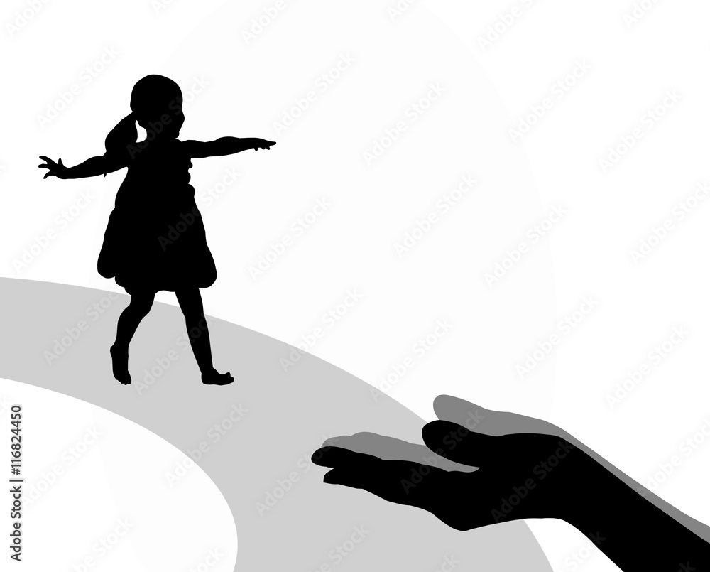 Silhouette of a little girl running into mother's hands