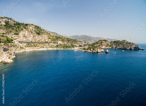 Fototapeta Naklejka Na Ścianę i Meble -  Aerial View of beach and island Isola Bella at Taormina, Sicily