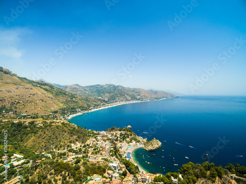 Aerial View of beach and island Isola Bella at Taormina, Sicily