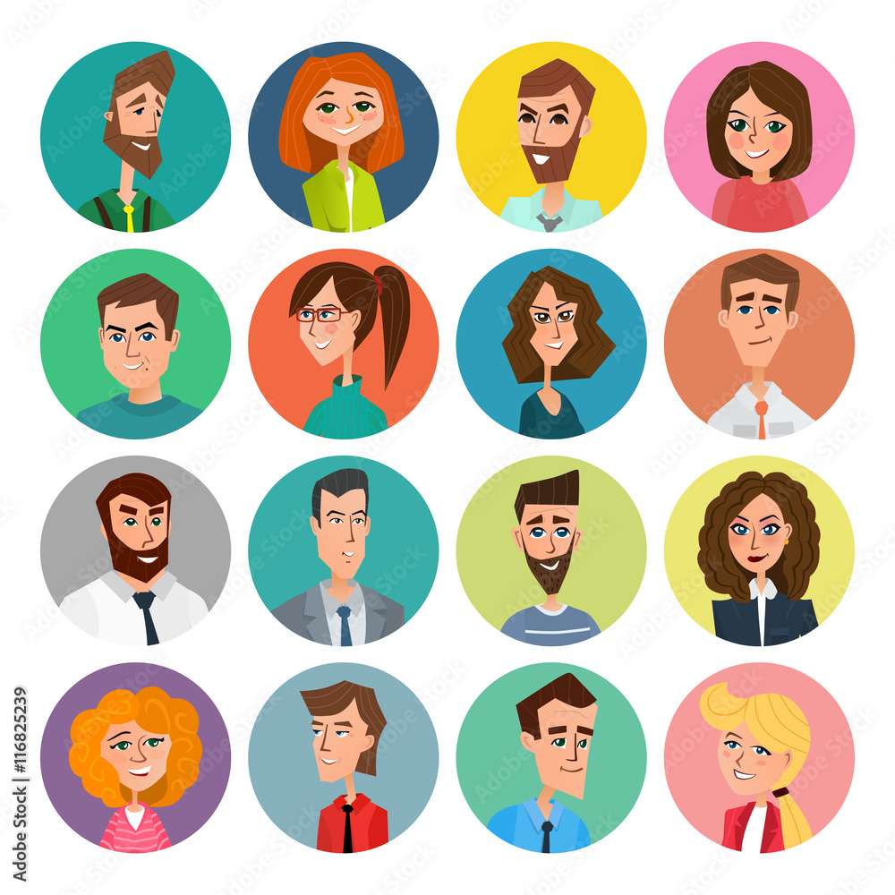 Cartoon male and female faces collection. Vector collection icon set of colorful people modern flat design. Avatars characters of men and women. Cartoon male and female faces collection. Vector collection icon set of colorful people modern flat design. Avatars characters of men and women.