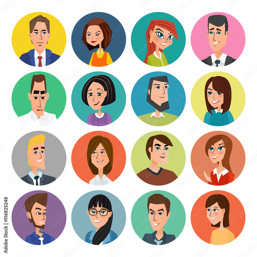 Cartoon male and female faces collection. Vector collection icon set of colorful people modern flat design. Avatars characters of men and women. Cartoon male and female faces collection. Vector collection icon set of colorful people modern flat design. Avatars characters of men and women.