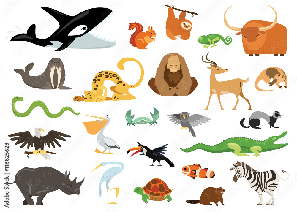Obraz premium Set of cute cartoon animals, snakes, birds, fishes inhabiting planet earth. Cheerful crocodile, killer whale, gorilla icons isolated on white background.