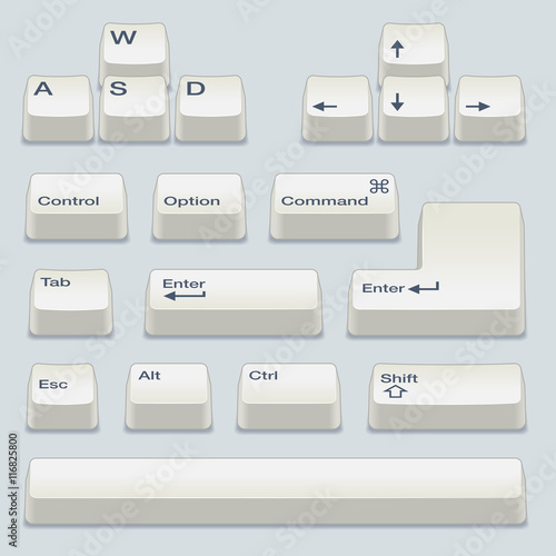 Isometric Computer White Keyboard Keys Including Alt, Control, Shift, Enter and Arrow Keys