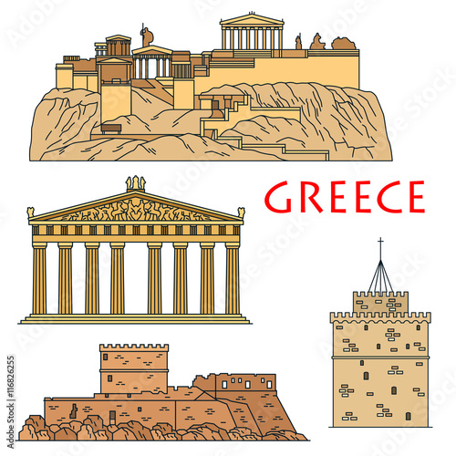 Ancient greek travel landmarks thin line icons