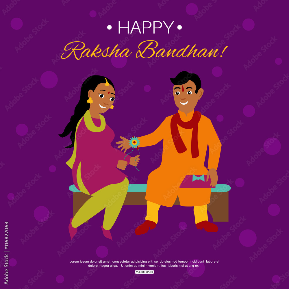 Young happy brother and sister celebrating Raksha Bandhan tying rakhi. Indian traditional holiday background. Vector eps 10 format.