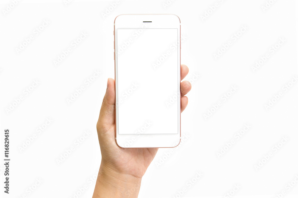 Hand holding smart phone isolated on white background and clipping path inside Hand holding smart phone isolated on white background and clipping path inside