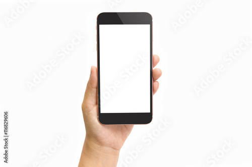 Hand holding smart phone isolated on white background and clipping path inside