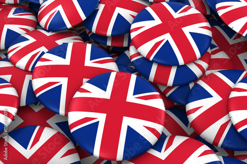 United Kingdom Badges Background - Pile of UK Flag Buttons 3D Illustration