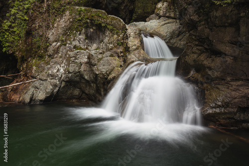 Long Exposure of the beautiful waterfall in Lynn Valley Canyon  North Vancouver  BC  Canada.