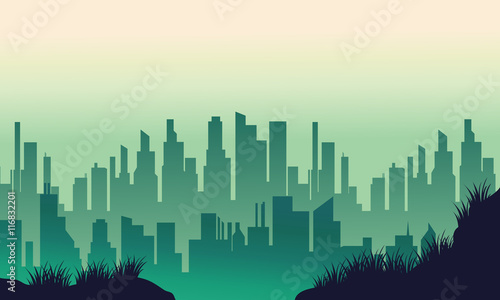 Big urban silhouettes on green backgrounds
